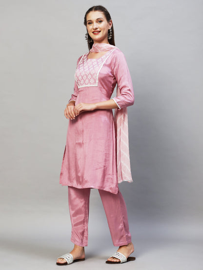 Ethnic Embroidered Kurta with Pants & Dupatta - Lilac Purple