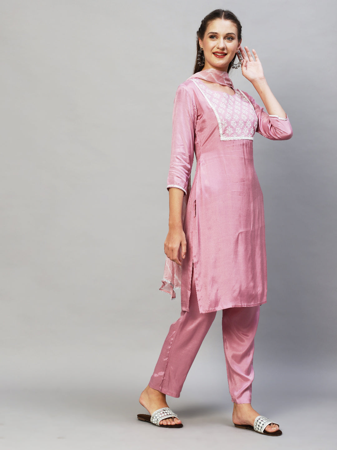 Ethnic Embroidered Kurta with Pants & Dupatta - Lilac Purple