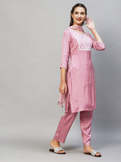Ethnic Embroidered Kurta with Pants & Dupatta - Lilac Purple