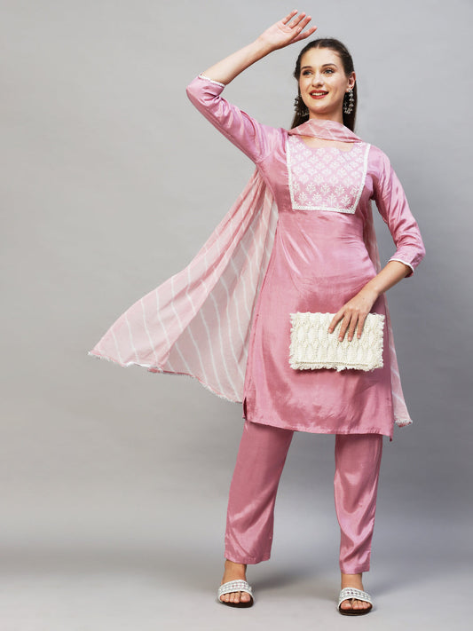 Ethnic Embroidered Kurta with Pants & Dupatta - Lilac Purple
