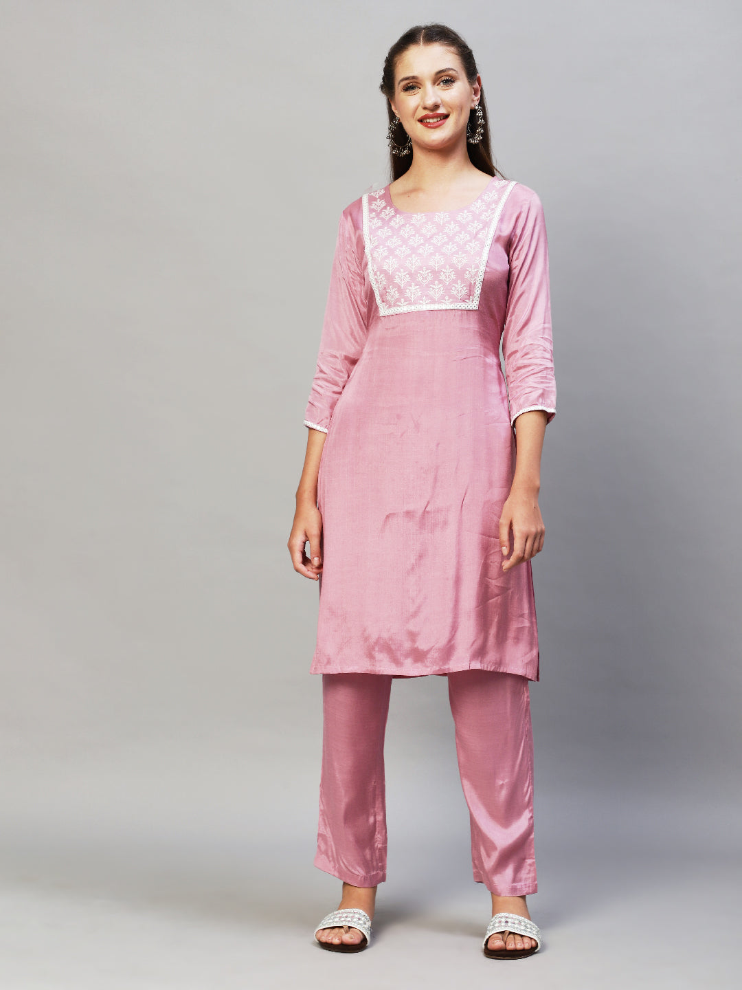Ethnic Embroidered Kurta with Pants & Dupatta - Lilac Purple