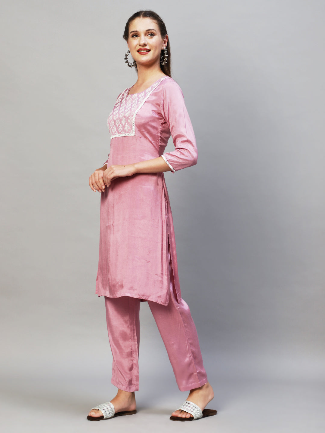 Ethnic Embroidered Kurta with Pants & Dupatta - Lilac Purple