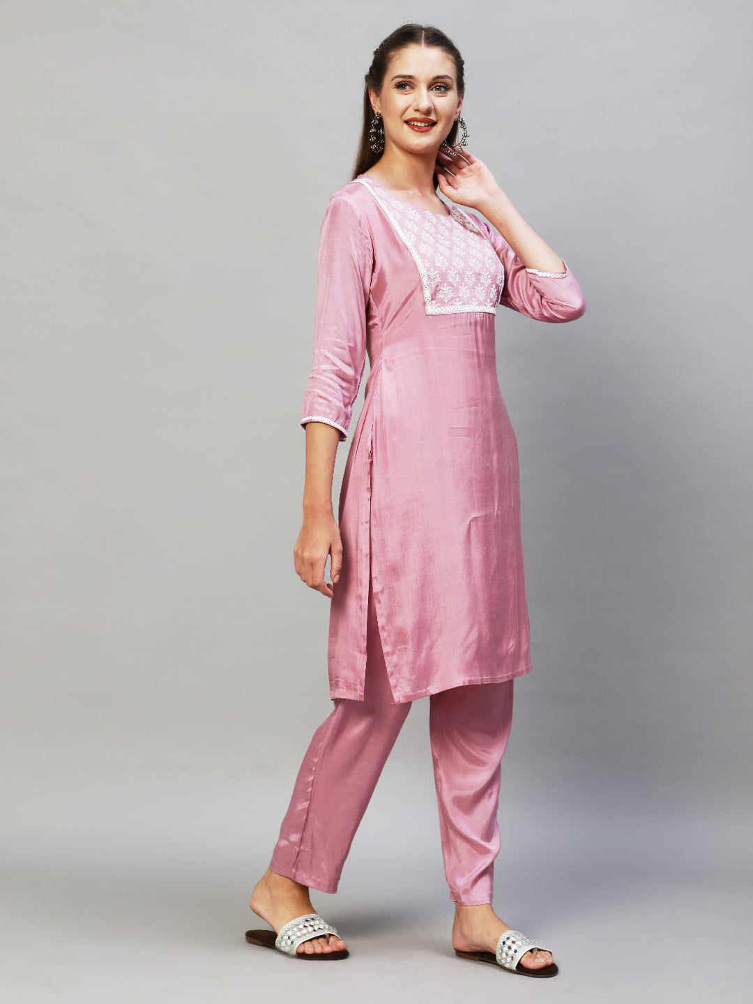 Ethnic Embroidered Kurta with Pants & Dupatta - Lilac Purple