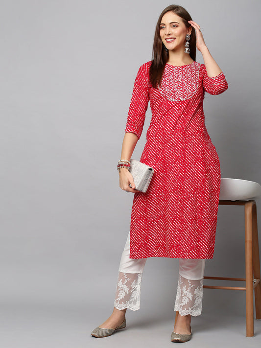 Leheriya Printed & Ethnic Embroidered Straight Fit Kurta - Red