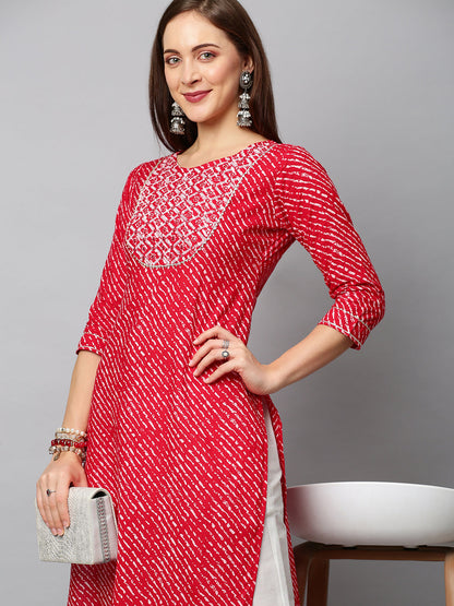 Leheriya Printed & Ethnic Embroidered Straight Fit Kurta - Red