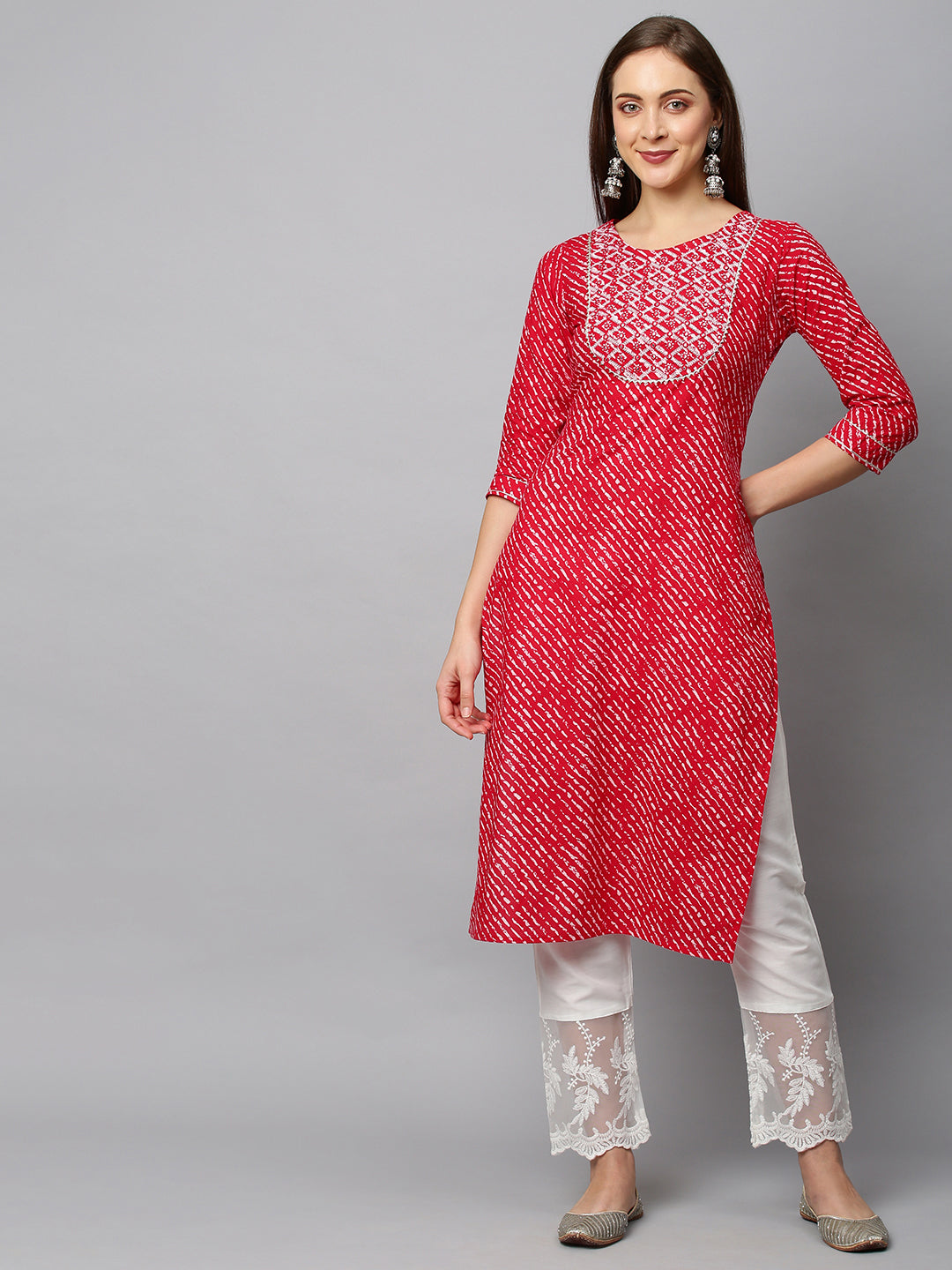 Leheriya Printed & Ethnic Embroidered Straight Fit Kurta - Red