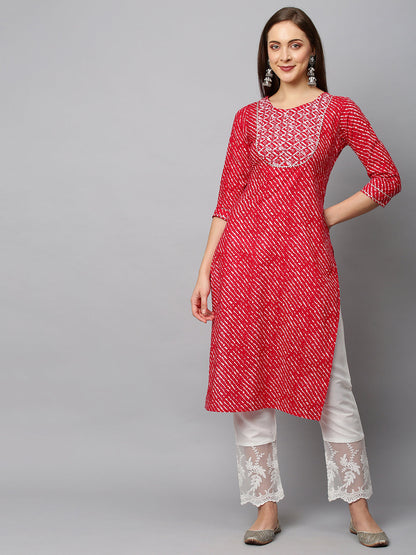 Leheriya Printed & Ethnic Embroidered Straight Fit Kurta - Red