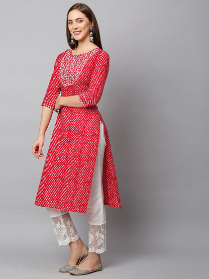 Leheriya Printed & Ethnic Embroidered Straight Fit Kurta - Red