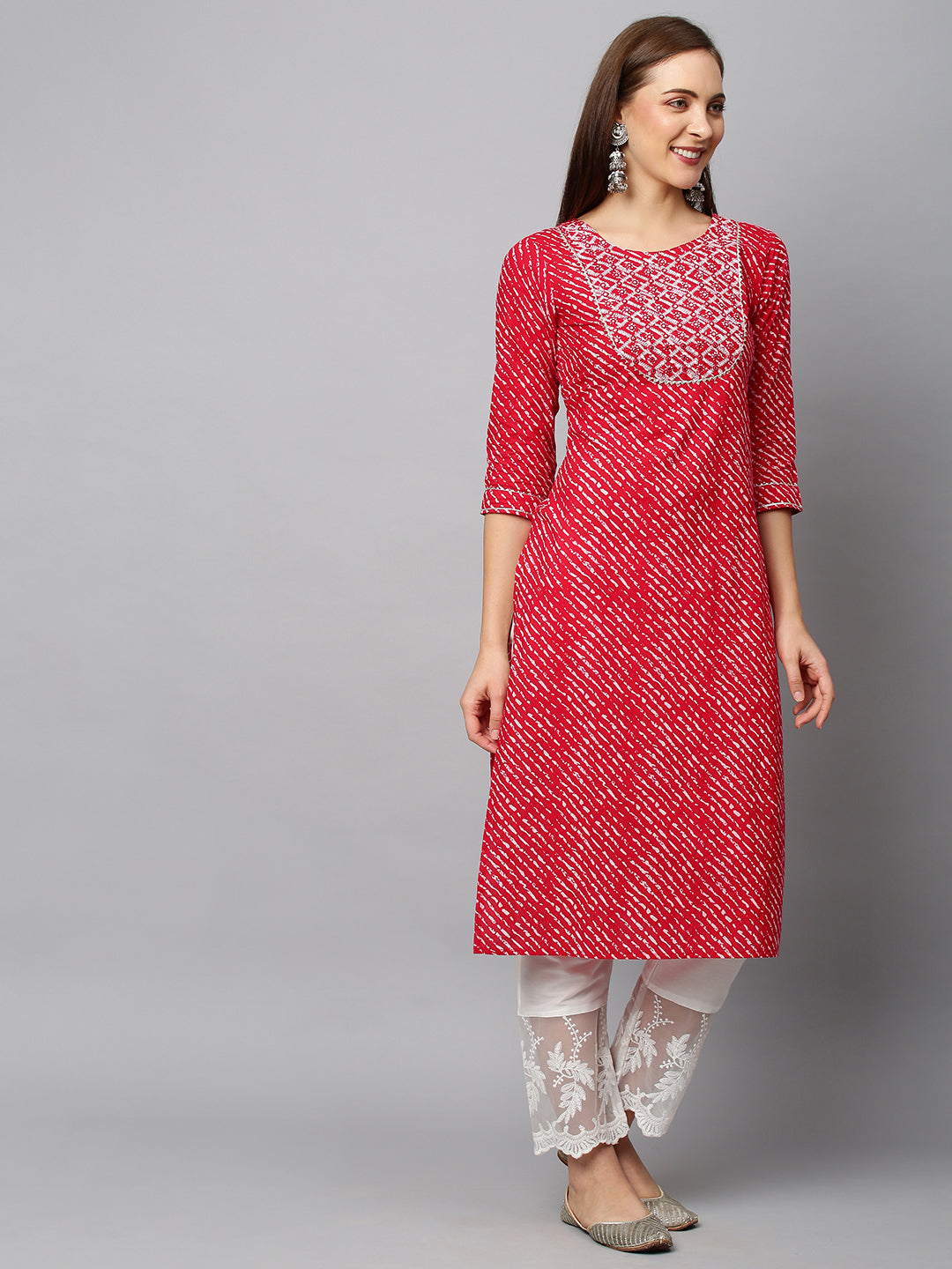 Leheriya Printed & Ethnic Embroidered Straight Fit Kurta - Red