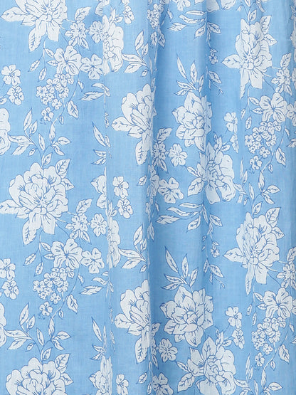 Floral Printed & Embroidered A-Line Kurta with Pants - Light Blue