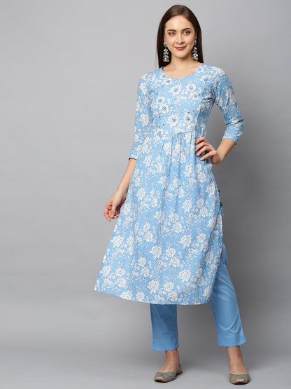 Floral Printed & Embroidered A-Line Kurta with Pants - Light Blue