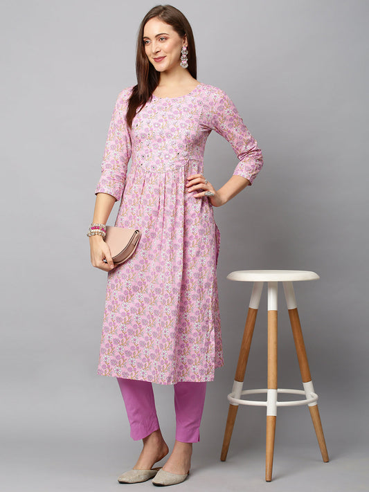 Floral Printed & Embroidered A-Line Kurta with Pants - Light Pink
