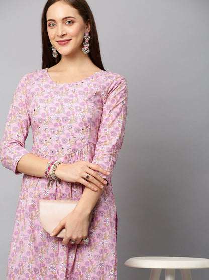 Floral Printed & Embroidered A-Line Kurta with Pants - Light Pink
