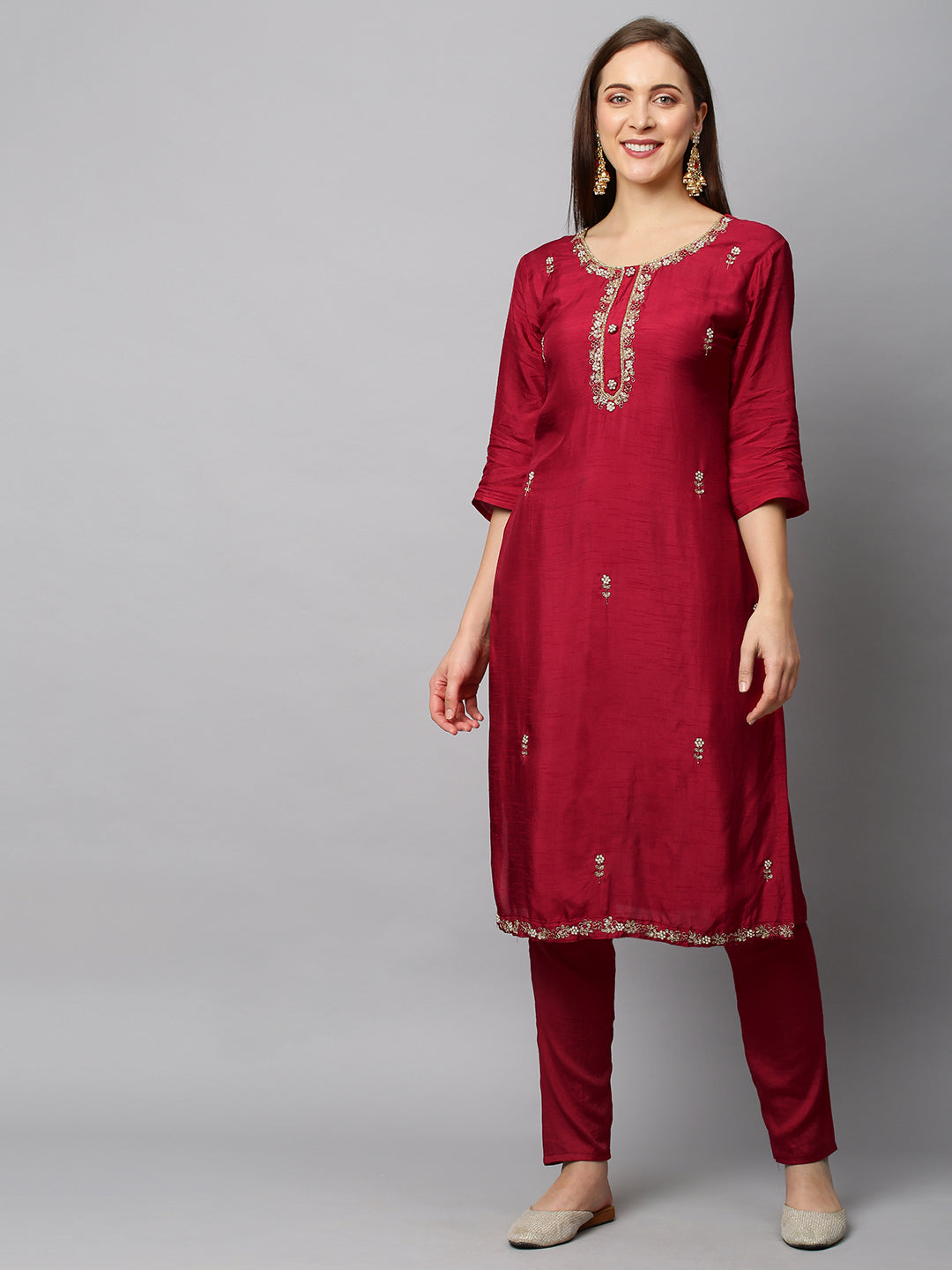 Floral Hand Embroidered Straight Fit Kurta with Pants & Dupatta - Red