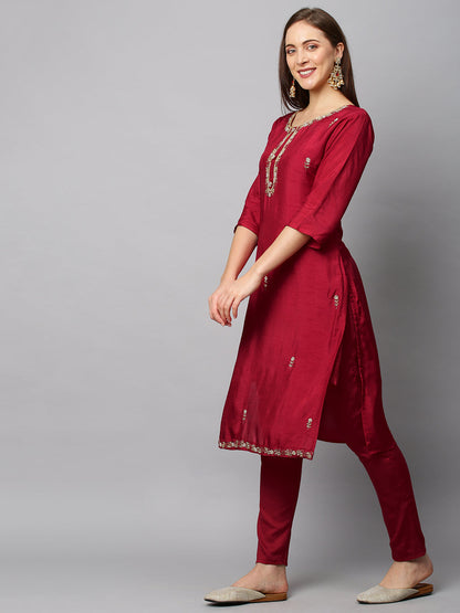 Floral Hand Embroidered Straight Fit Kurta with Pants & Dupatta - Red