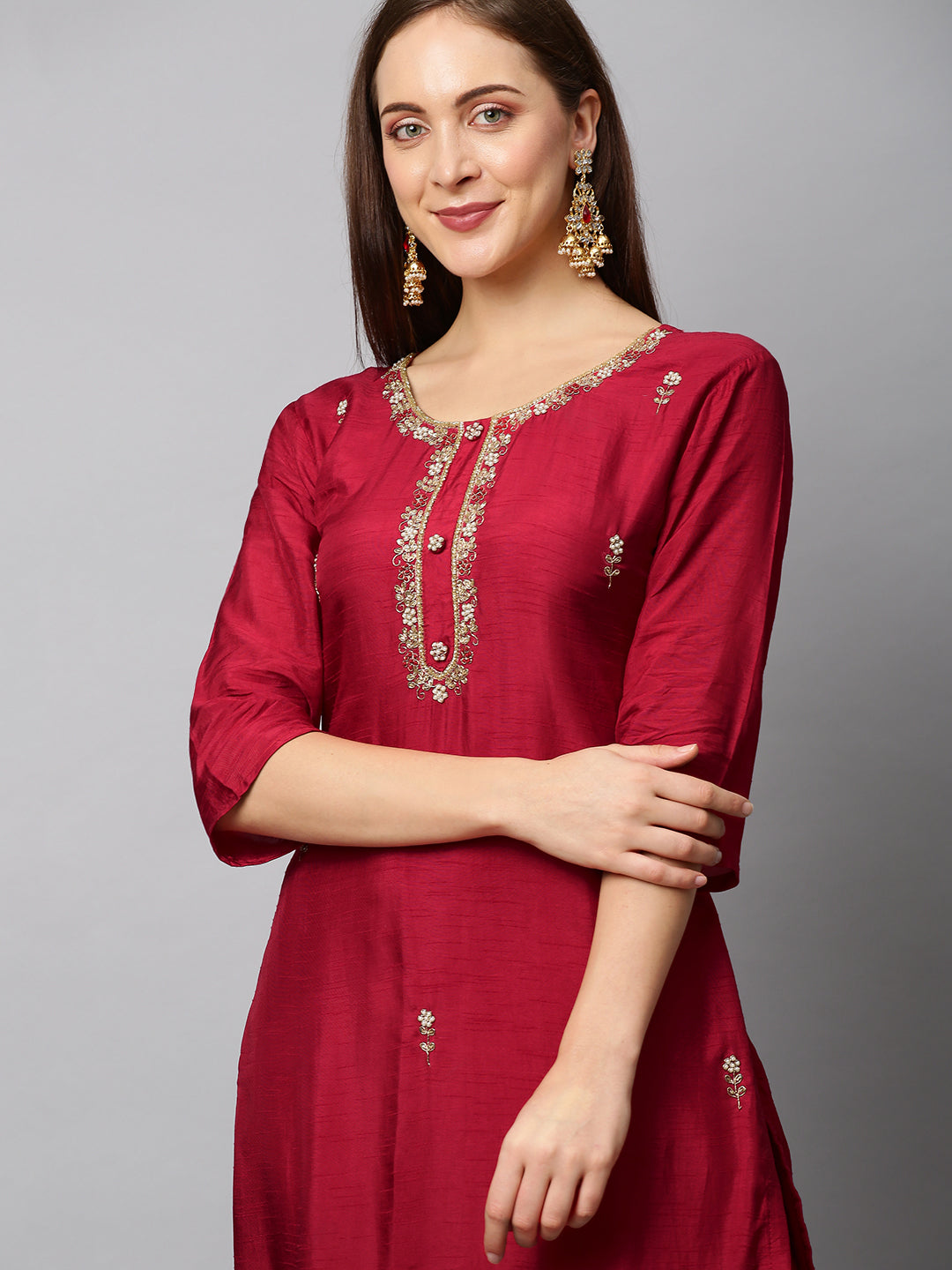 Floral Hand Embroidered Straight Fit Kurta with Pants & Dupatta - Red