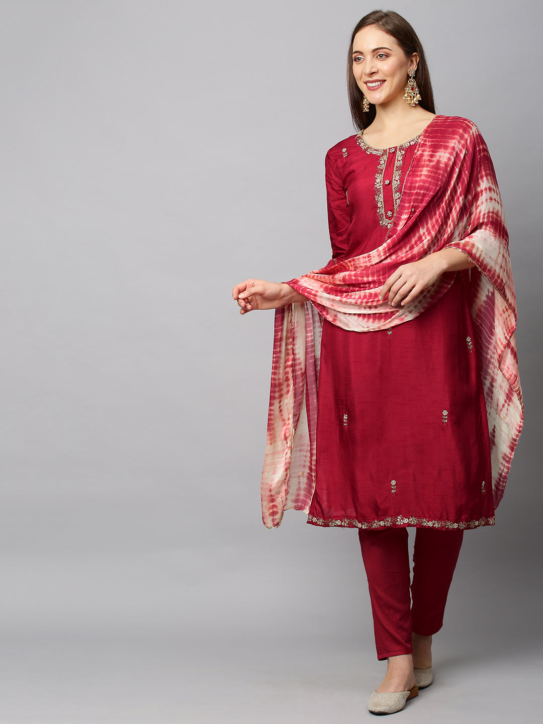 Floral Hand Embroidered Straight Fit Kurta with Pants & Dupatta - Red
