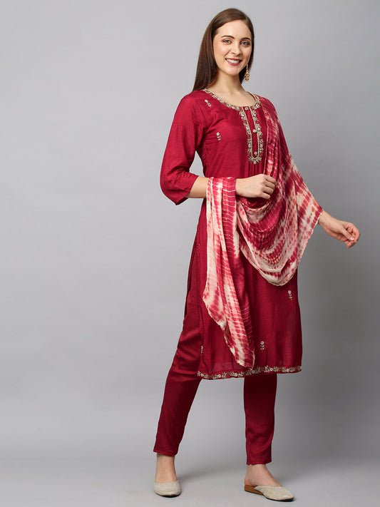 Floral Hand Embroidered Straight Fit Kurta with Pants & Dupatta - Red