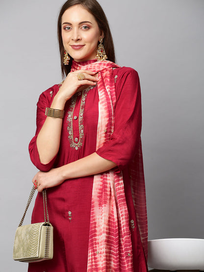 Floral Hand Embroidered Straight Fit Kurta with Pants & Dupatta - Red