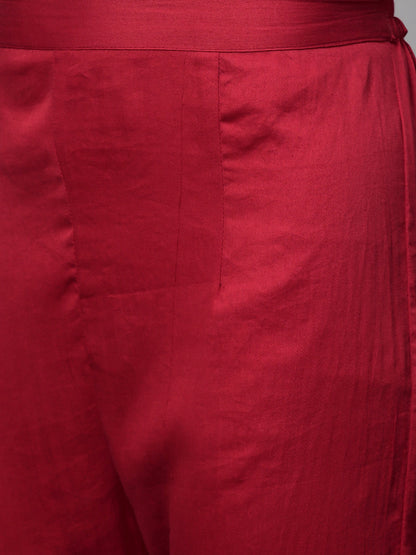 Floral Hand Embroidered Straight Fit Kurta with Pants & Dupatta - Red