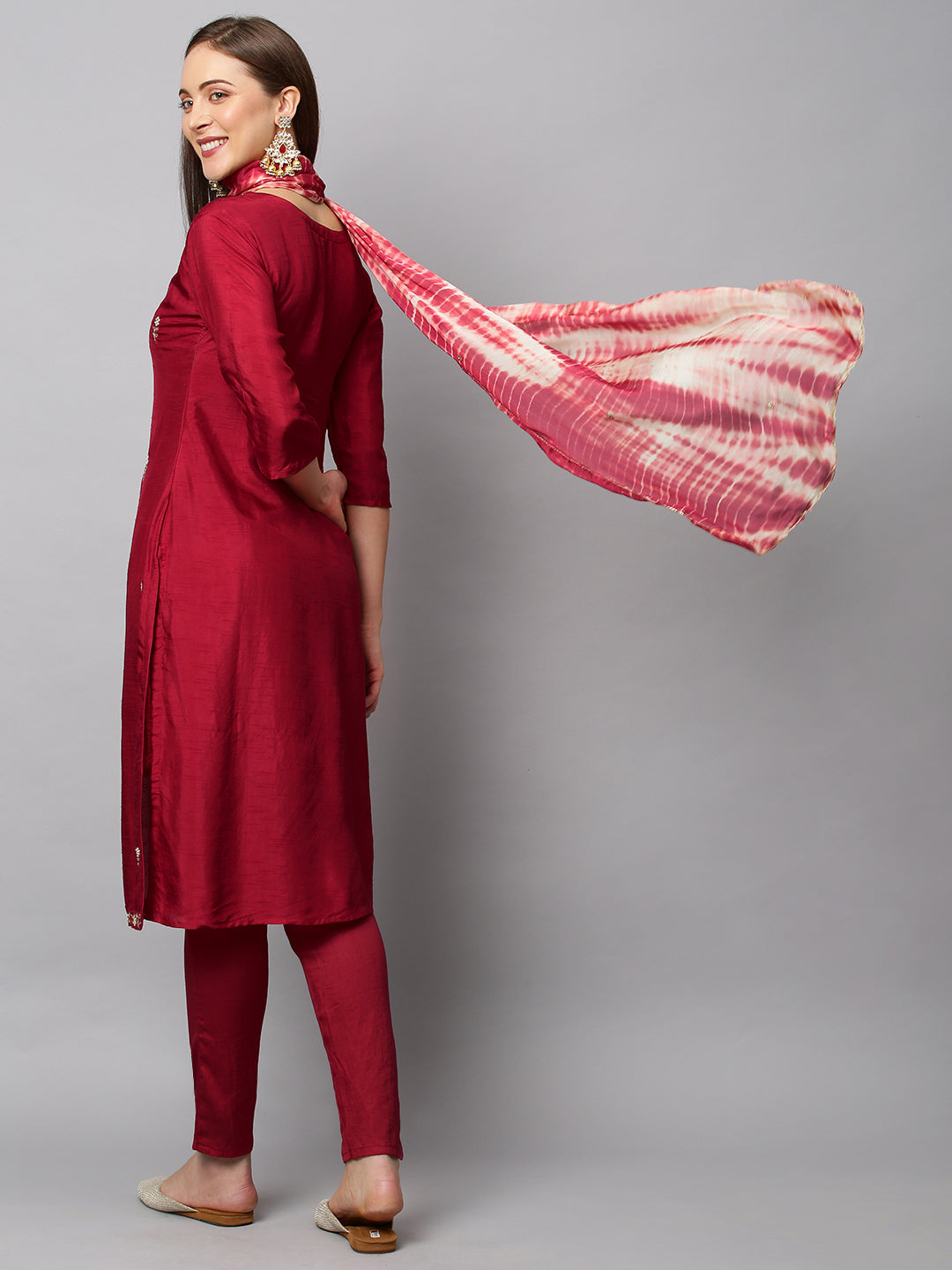 Floral Hand Embroidered Straight Fit Kurta with Pants & Dupatta - Red