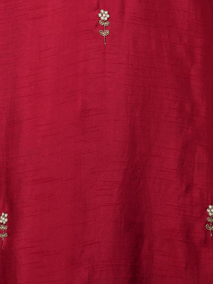 Floral Hand Embroidered Straight Fit Kurta with Pants & Dupatta - Red