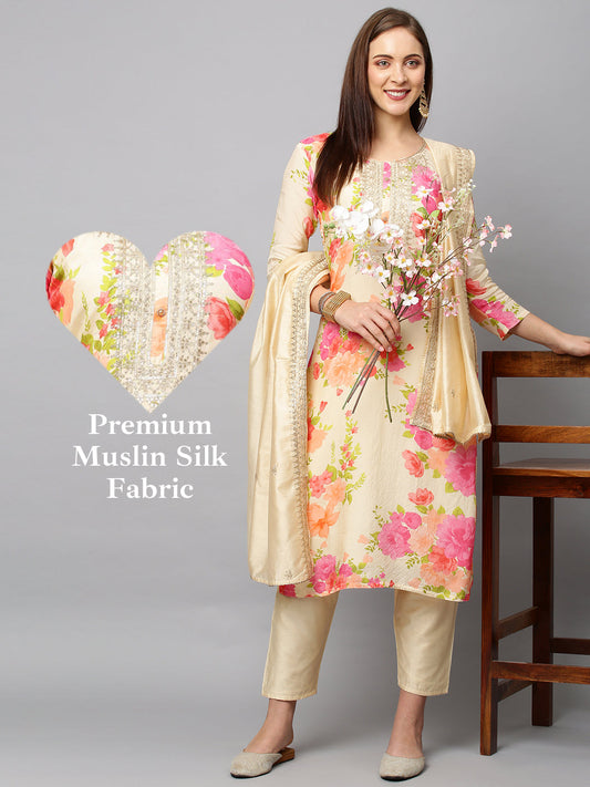 Floral Printed & Embroidered Kurta with Pants & Dupatta - Cream