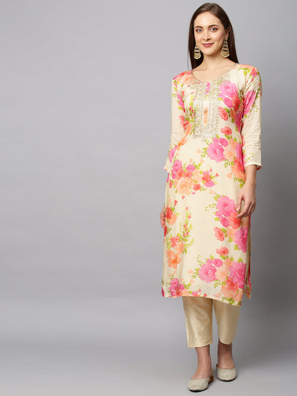Floral Printed & Embroidered Kurta with Pants & Dupatta - Cream