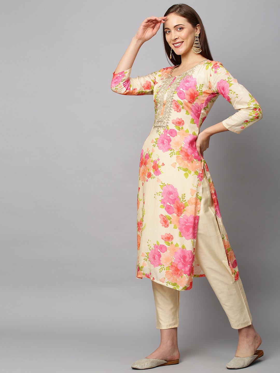 Floral Printed & Embroidered Kurta with Pants & Dupatta - Cream