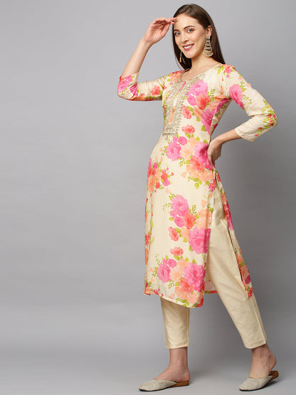 Floral Printed & Embroidered Kurta with Pants & Dupatta - Cream