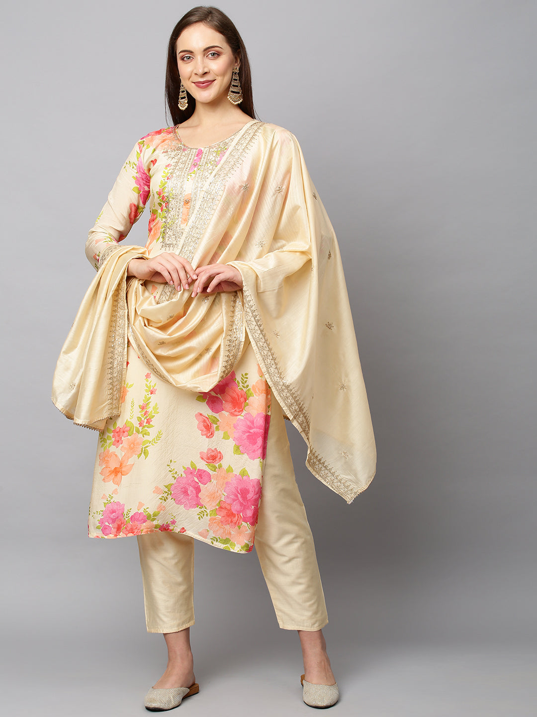 Floral Printed & Embroidered Kurta with Pants & Dupatta - Cream