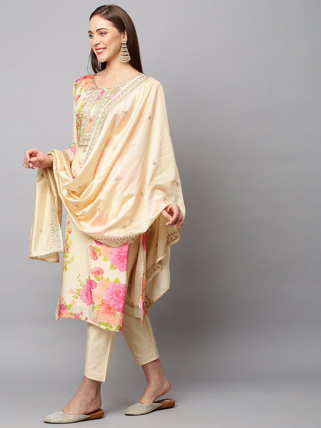 Floral Printed & Embroidered Kurta with Pants & Dupatta - Cream