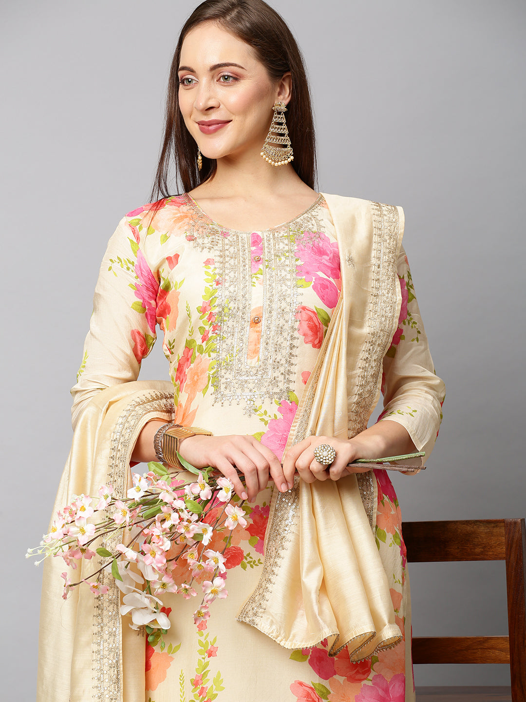 Floral Printed & Embroidered Kurta with Pants & Dupatta - Cream