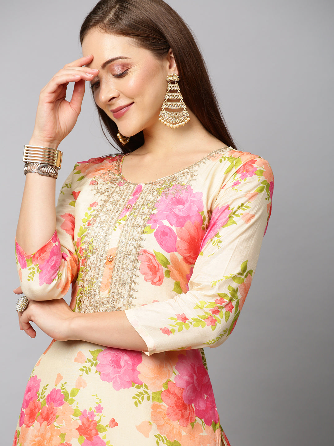 Floral Printed & Embroidered Kurta with Pants & Dupatta - Cream