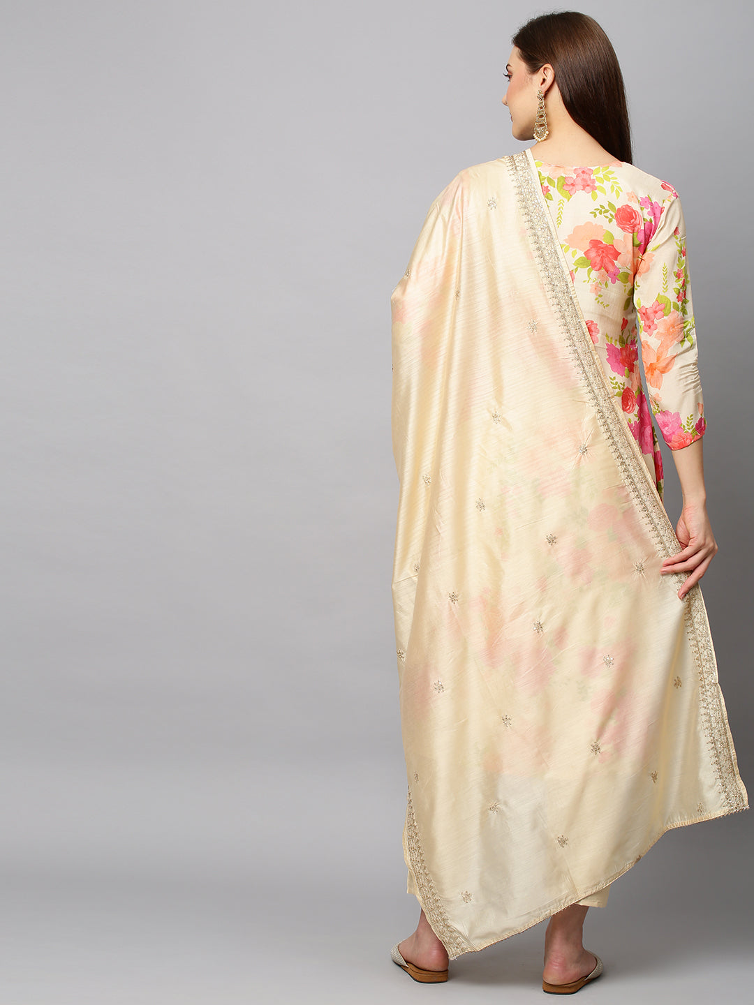 Floral Printed & Embroidered Kurta with Pants & Dupatta - Cream