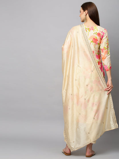 Floral Printed & Embroidered Kurta with Pants & Dupatta - Cream