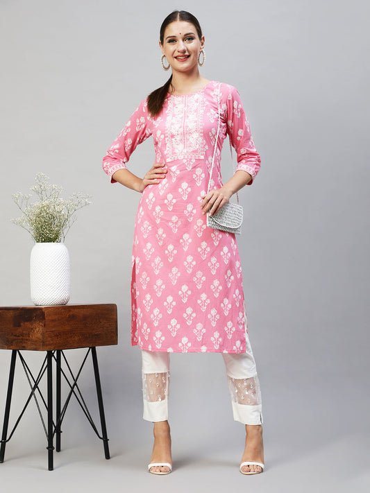 Floral Printed & Embroidered Straight Fit Kurta - Pink