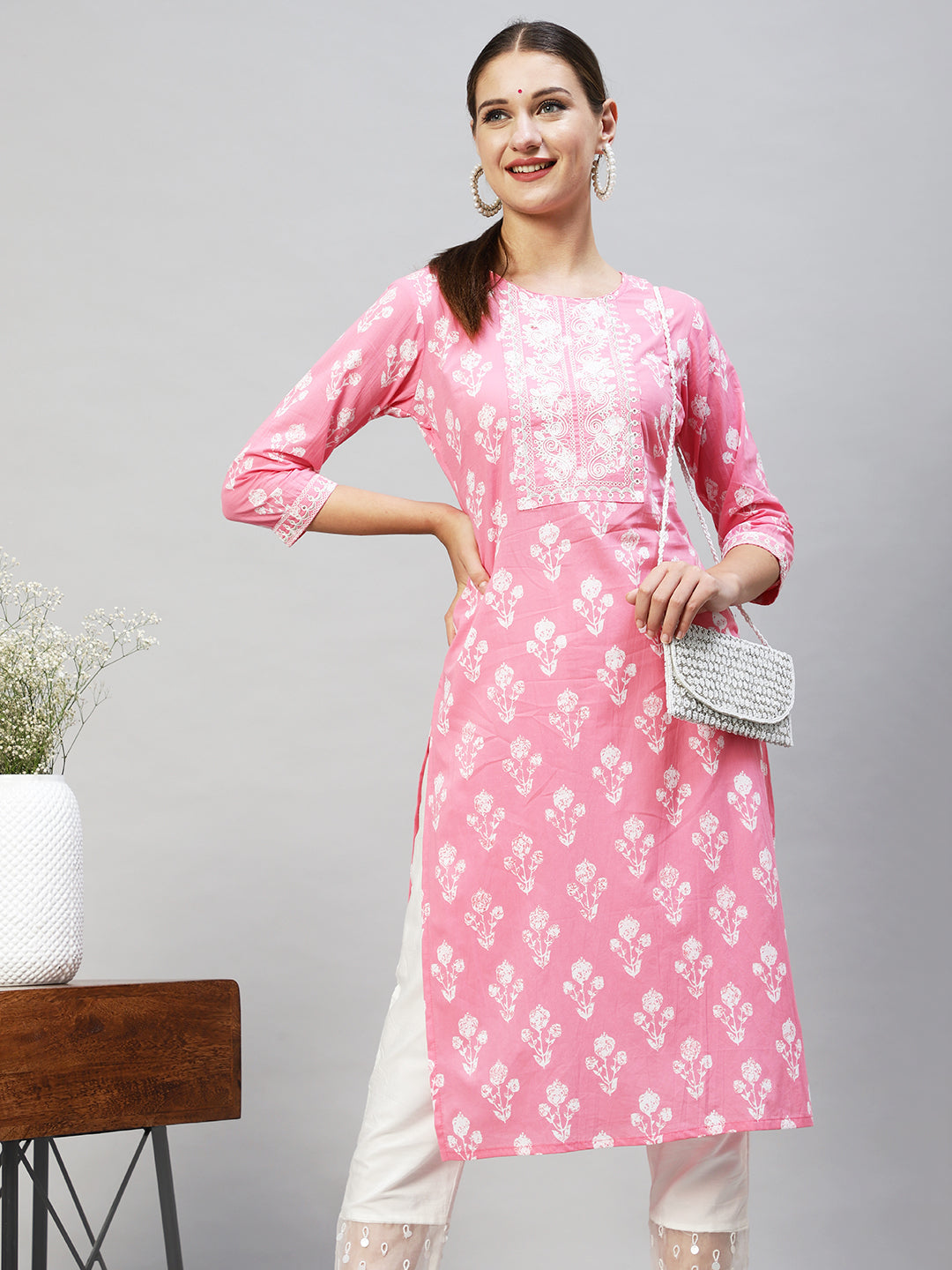 Floral Printed & Embroidered Straight Fit Kurta - Pink