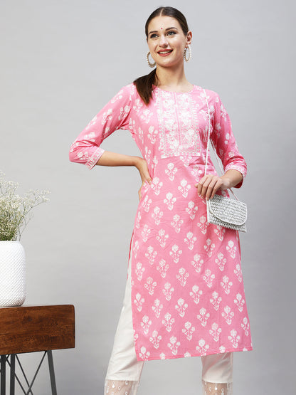 Floral Printed & Embroidered Straight Fit Kurta - Pink
