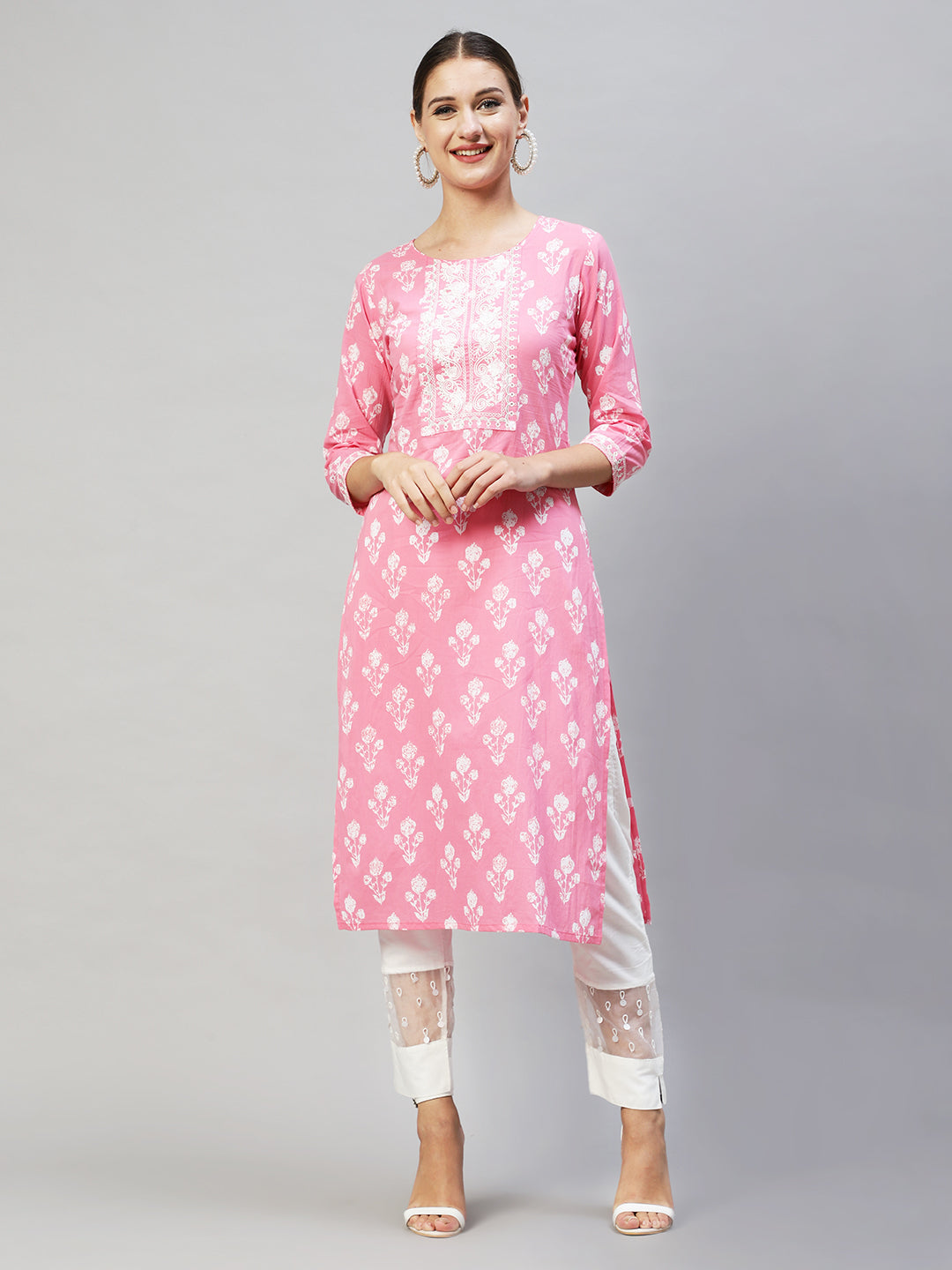 Floral Printed & Embroidered Straight Fit Kurta - Pink