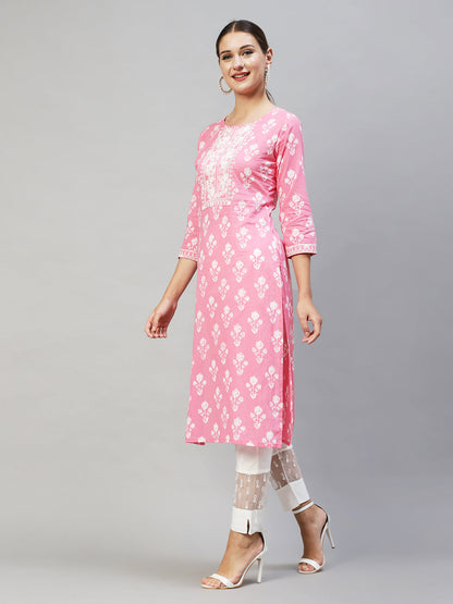 Floral Printed & Embroidered Straight Fit Kurta - Pink