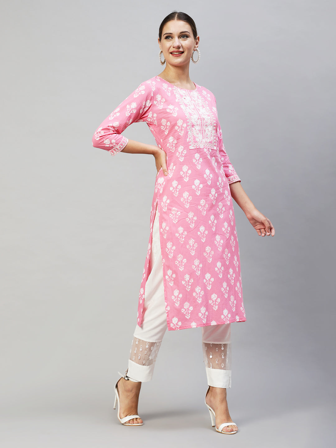 Floral Printed & Embroidered Straight Fit Kurta - Pink