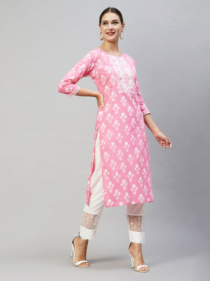 Floral Printed & Embroidered Straight Fit Kurta - Pink