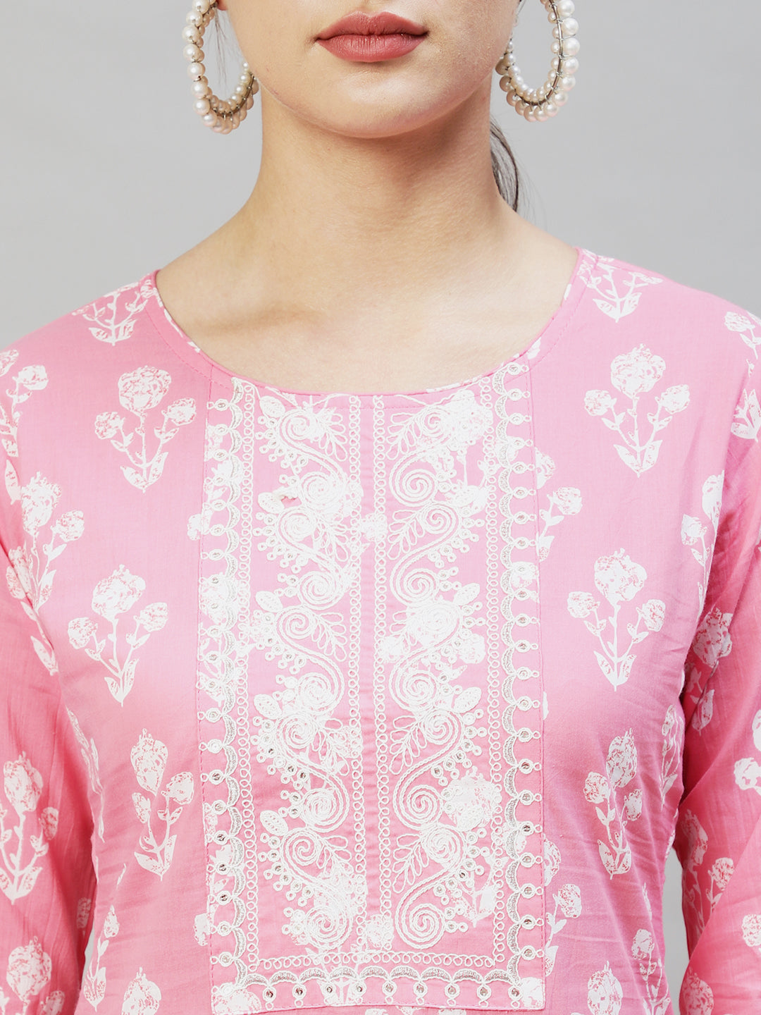 Floral Printed & Embroidered Straight Fit Kurta - Pink