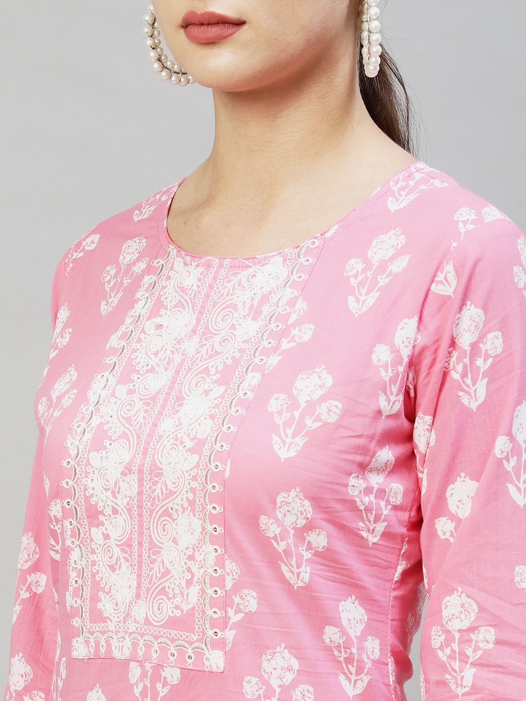 Floral Printed & Embroidered Straight Fit Kurta - Pink