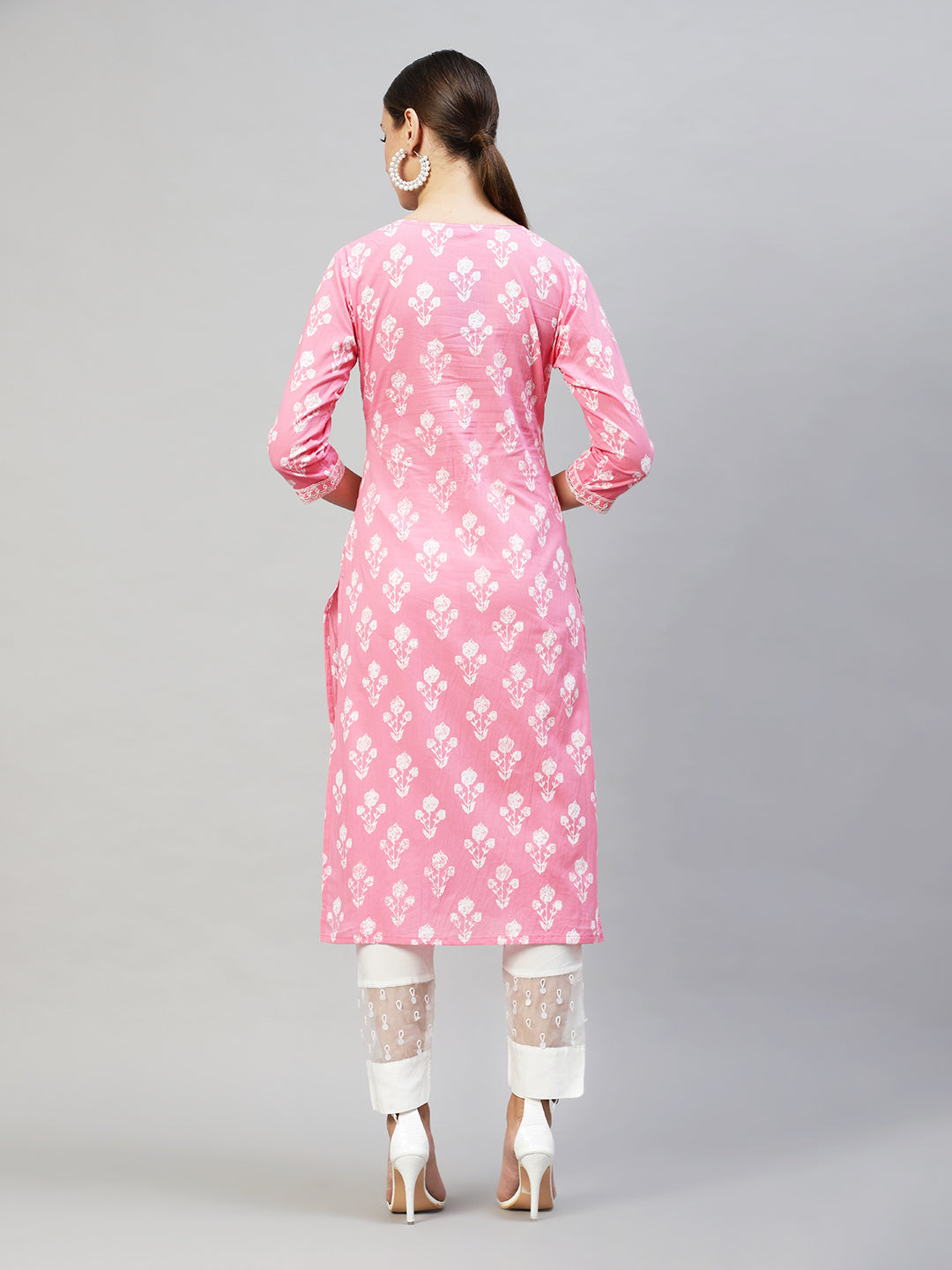 Floral Printed & Embroidered Straight Fit Kurta - Pink
