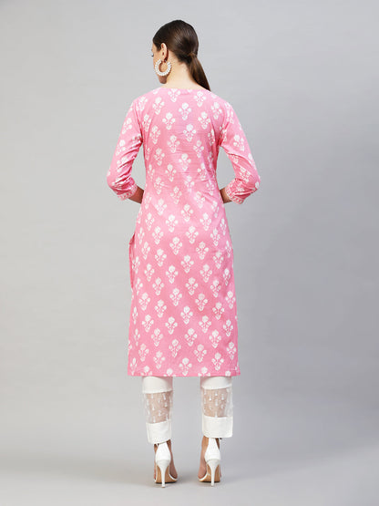 Floral Printed & Embroidered Straight Fit Kurta - Pink