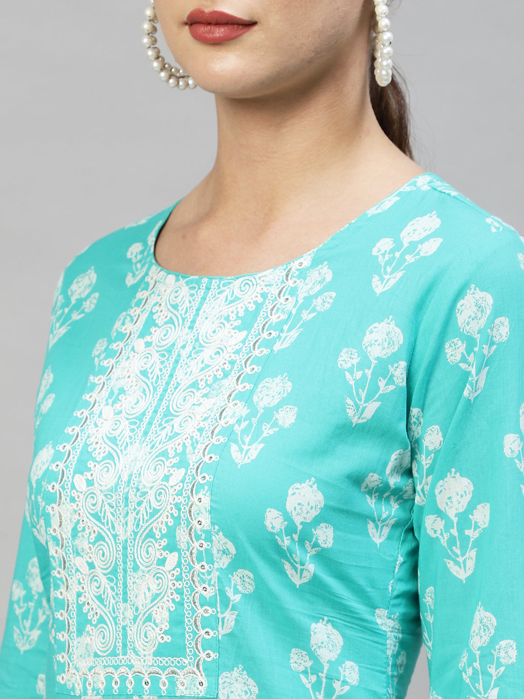Floral Printed & Embroidered Straight Fit Kurta - Turquoise