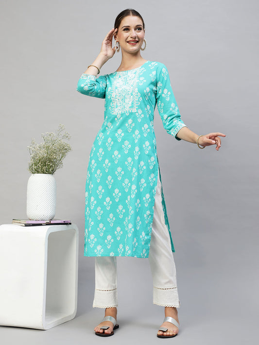 Floral Printed & Embroidered Straight Fit Kurta - Turquoise
