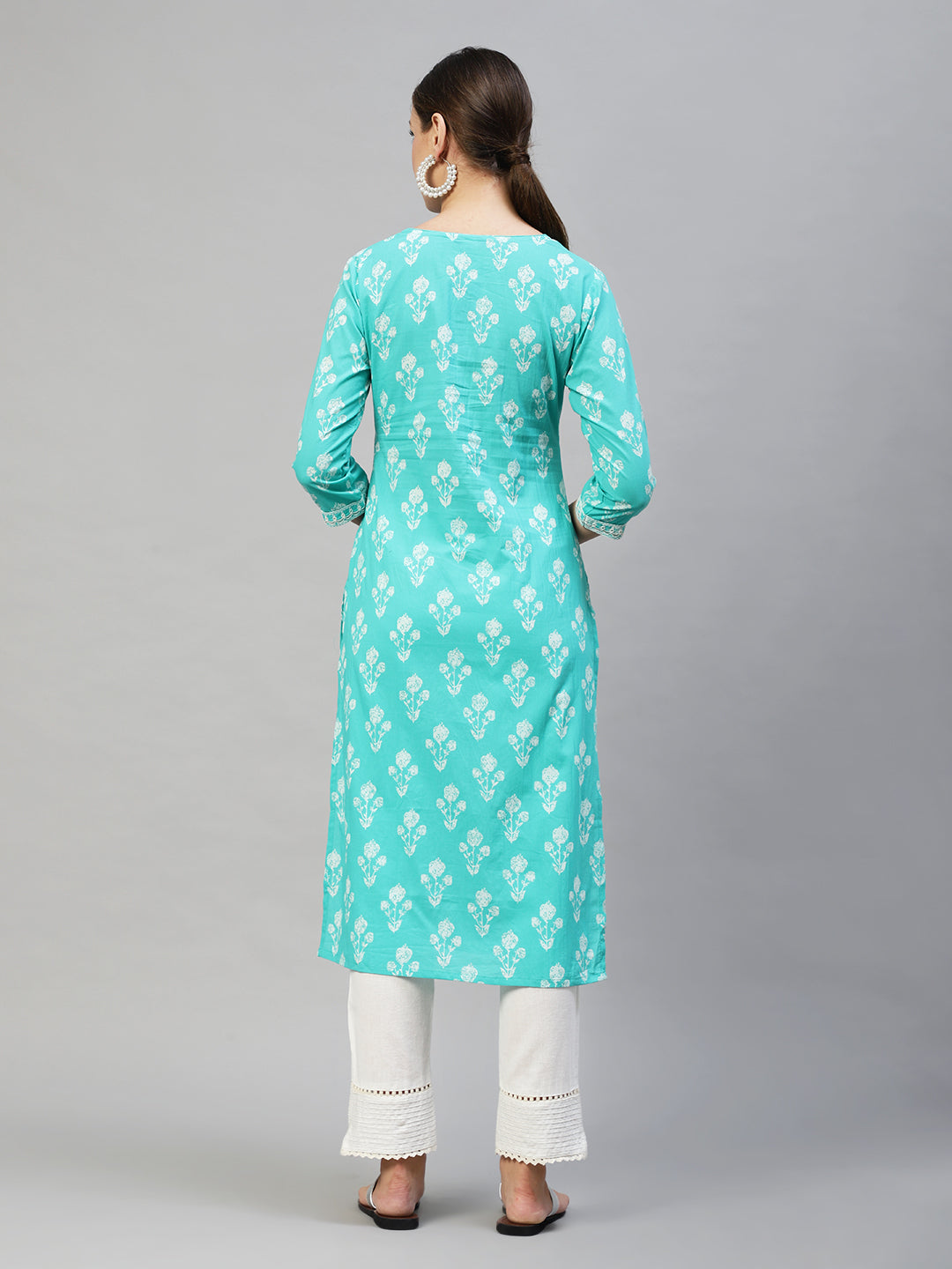 Floral Printed & Embroidered Straight Fit Kurta - Turquoise